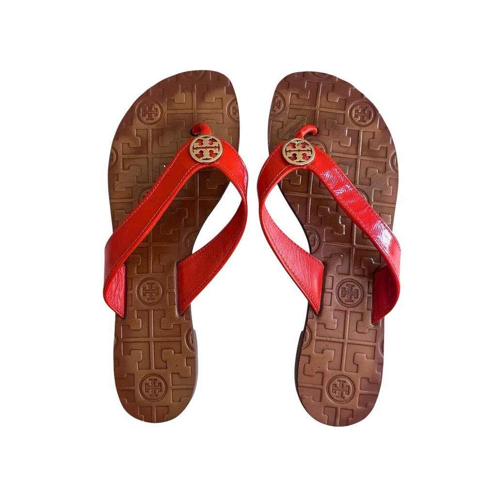 Tory Burch Thora Sandal Flip Flops Patent leather Logo Sz 6 Coastal Resort Prep